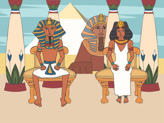 pharaoh and queen on throne at  palace with egyptian pyramids and sphinx background