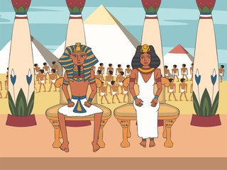 pharaoh and queen on throne at  palace with egyptian pyramids background