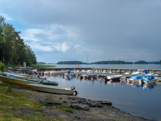Fototapeta na wymiar Landscape of boats close to the water in Finland