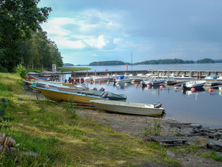 Landscape of boats close to the water in Finland