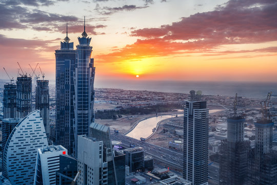 Aerial view on skyscrapers of Dubai, United Arab Emirates. Spectacular urban skyline.