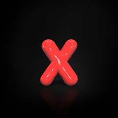 Glossy red paint  letter X lowercase of bubble isolated on black background, 3d rendering illustration