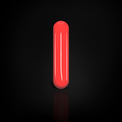 Glossy red paint  letter L lowercase of bubble isolated on black background, 3d rendering illustration