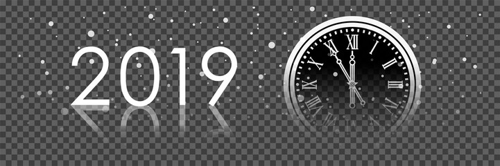 Obraz na płótnie Canvas Black and white shiny 2019 New Year web banner. Card with snow, reflection and blurred round clock - the chimes of the Kremlin Spasskaya Tower on dark background. Isolated vector illustration for