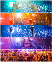 Rock concert, silhouettes of happy people raising up hands. Collage. The music, party, event,...