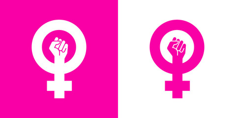 Icono plano símbolo feminista con puño en rosa y blanco - obrazy, fototapety, plakaty
