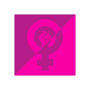 Icono plano símbolo feminista con puño en cuadrado con dos tonos de rosa