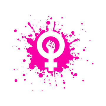 Icono plano símbolo feminista con puño en salpicadura en color rosa