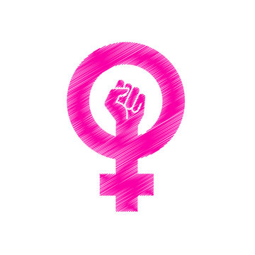 Icono plano símbolo feminista con puño lineal en diagonal en color rosa