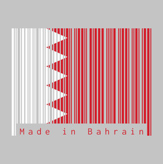 Barcode set the color of Bahrain flag, five white triangles in the form of zigzag on red field, grey background, text: Made in Bahrain. concept of sale or business.