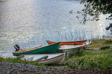 Naklejka na ściany i meble Bunch of boats parked at the lake in Kuopio