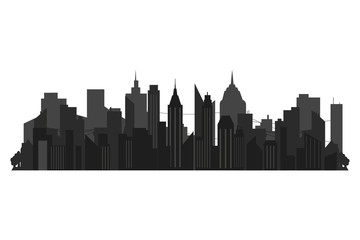 Panorama of the city on the horizon. Silhouette of a big city on a background, skyscrapers, building, business centers, sunset, urban design. Vector illustration.