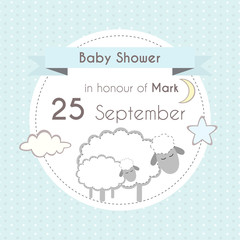 Baby shower boy invitation card, template for scrapbooking with little lambs, stars, moon and clouds. Vector illustration.