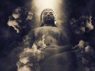 close up stone Head Buddha in gray color mixed with smoked background