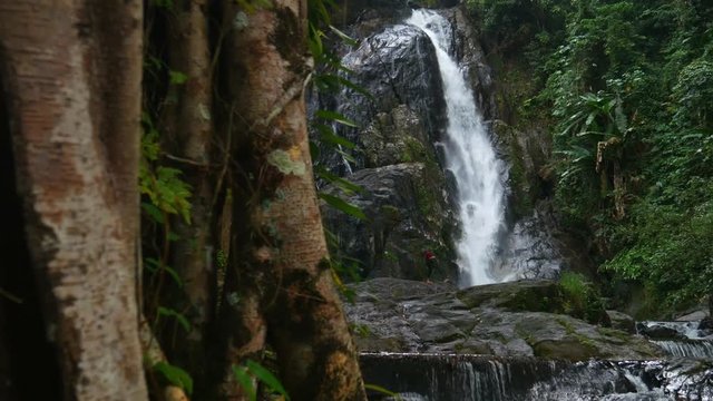 Pan of waterfall in ranong thailand. Nature of beautiful waterfall travel and adventure.