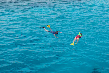 Top view of people snorkeling in the sea. Holiday and travel concept