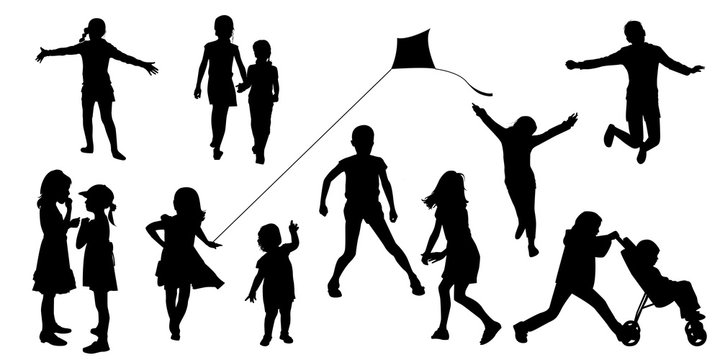silhouettes of children in various poses. Children play, walk, run, jumping, vector. Set of illustrations of kids activity.