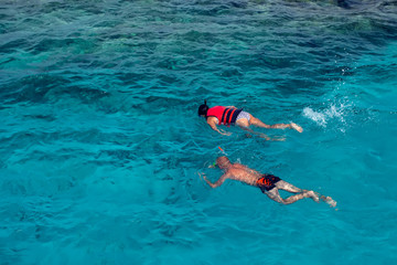 Top view of people snorkeling in the sea. Holiday and travel concept
