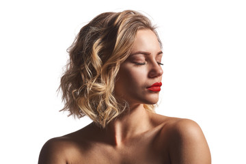 Fototapeta premium Closeup of naked beautiful woman posing with closed eyes