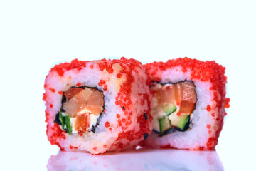 Roll sushi closeup on a light background.