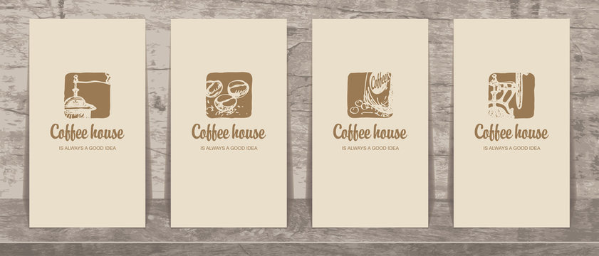 Fototapeta Set of four vector business cards for coffee house with calligraphic inscriptions and drawings on the theme of coffee. Coffee is always a good idea.