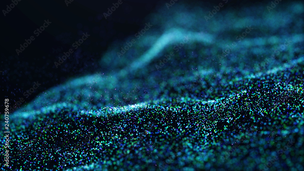 Poster wave glow. wave of particles. wave 3d. 3d rendering. futuristic green dots background with a dynamic