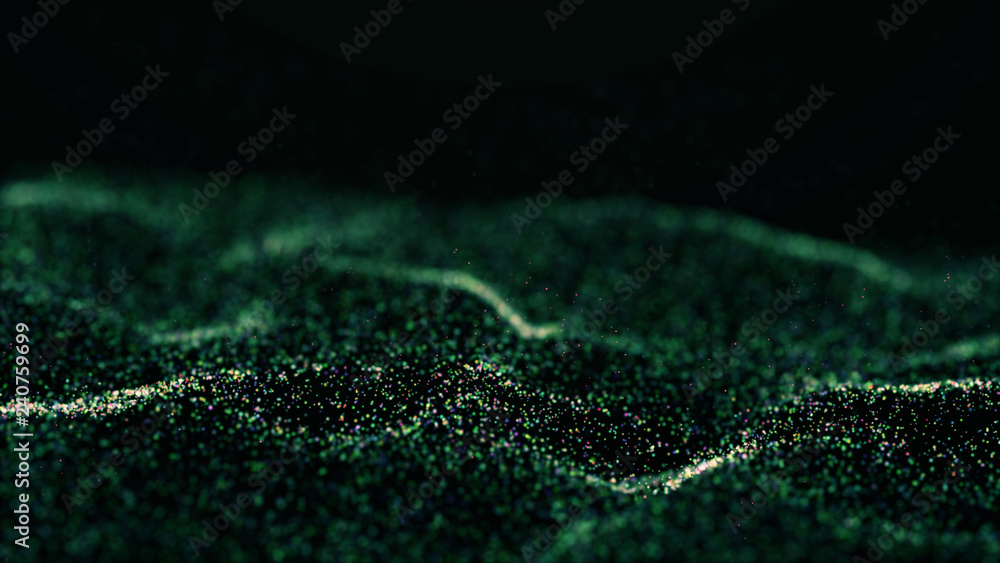 Poster wave glow. wave of particles. wave 3d. 3d rendering. futuristic green dots background with a dynamic
