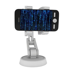 Robotic arm hold smartphone with Binary Computer Code. Manufacture technology industry assembly mechanic hand 3d render illustration isolated on white