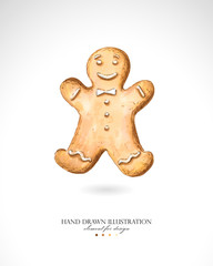 Illustration of a gingerbread man drawn by hand on a white background.  Delicious pastries painted with colorful markers, imitation of watercolor.