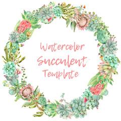 Succulents round card watercolor