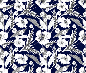 Seamless floral retro pattern. White flowers on dark blue background.