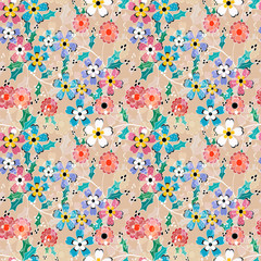 Seamless floral retro pattern. Red, white, blue flowers on a light background. 