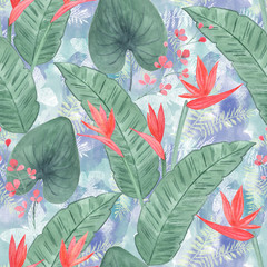 Seamless floral tropical pattern. Red flowers on a light blue background.