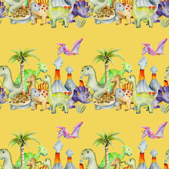 Fototapeta premium Watercolor cute dinosaurs seamless pattern