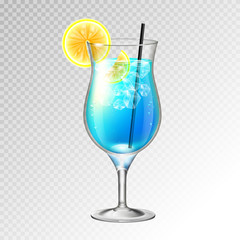 Realistic cocktail blue lagoon glass vector illustration on transparent background