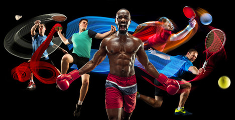 Attack. Sport collage about badminton, tennis, boxing and handball players on black