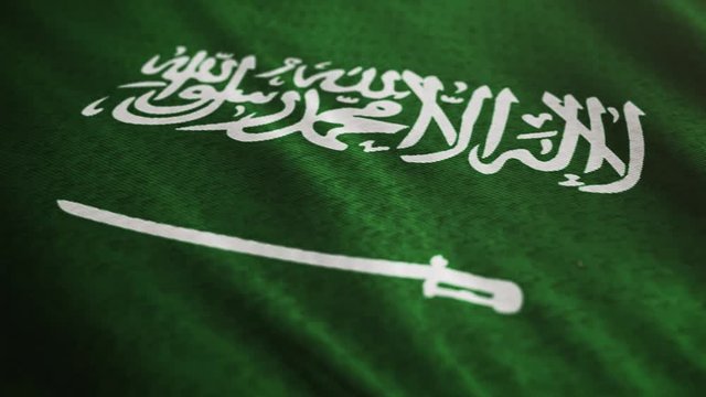 Saudi Arabian flag is waving 3D animation. Symbol of European, Saudi's, Arabic national on fabric cloth 3D rendering in full perspective.