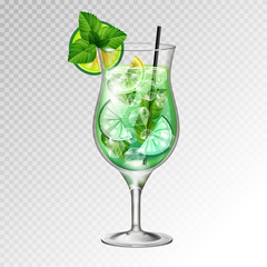 Realistic cocktail mojito glass vector illustration on transparent background