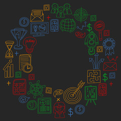 Vector set of bussines icons in doodle style. Colorful pictures on a piece of paper on dark background.