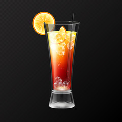 Realistic cocktail tequila sunrise glass vector illustration on transparent background