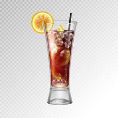 Realistic cocktail long island ice tea glass vector illustration on transparent background