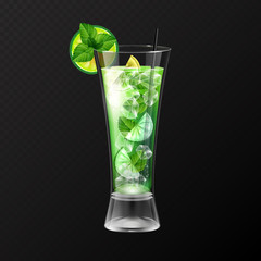 Realistic cocktail mojito glass vector illustration on transparent background