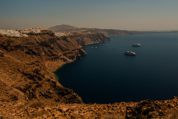 Santorini Fira, Greece - landscape with boat