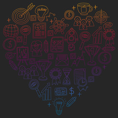 Vector set of bussines icons in doodle style. Colorful, gradient pictures on a piece of paper on dark background.