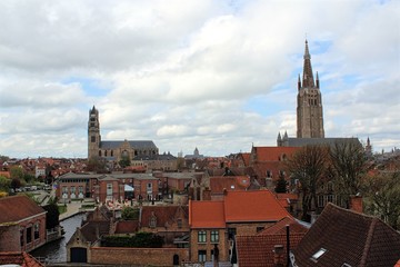Fototapeta na wymiar Bruges, Belgium. View of the city center from the roof of the beer factory De Halve Maan.