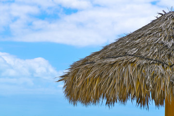 Plakat tropical thatched grass tiki hut roof with blue sky and clouds