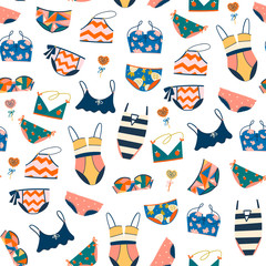 Various swimsuits. Hand drawn colored vector seamless pattern