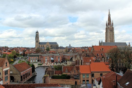 Bruges, Belgium. View of the city center from the roof of the beer factory De Halve Maan.