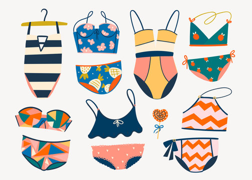 Various swimsuits. Hand drawn colored vector set. All elements are isolated