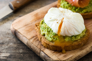 avocado toast with poached egg on wooden table 